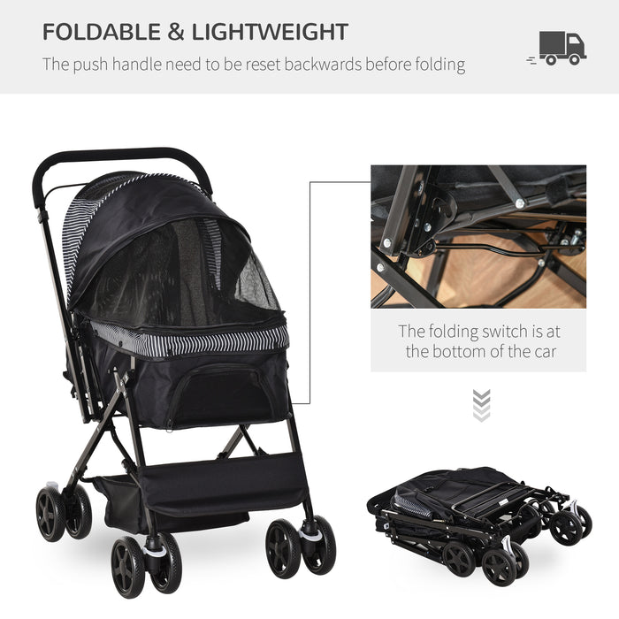 Easy-Fold Pet Stroller for Dogs and Cats - Reversible Handle, Safety Brake, and Carrier Basket - Convenient Travel Pushchair for Pet Owners