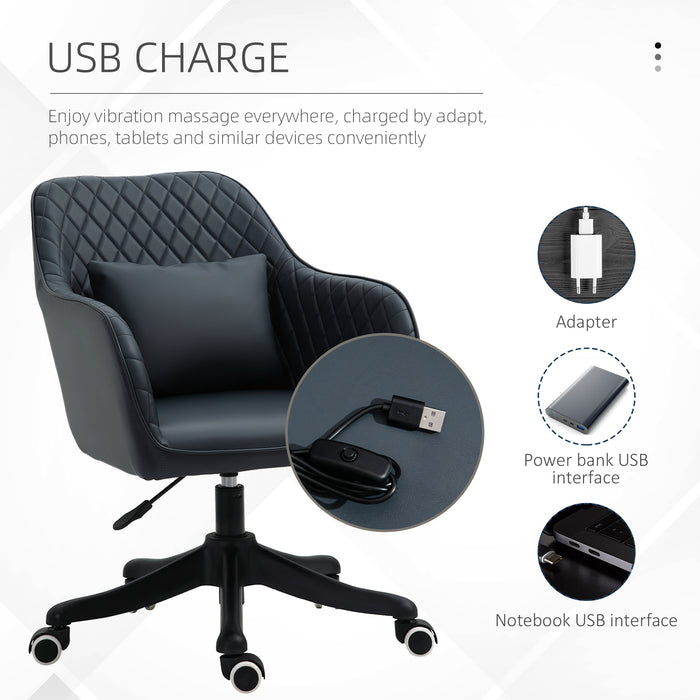 Ergonomic PU Leather Desk Chair with Massaging Lumbar Support - Wheeled Executive Chair with Rechargeable Electric Vibration Massage Pillow in Blue - Comfort for Long Hours at Office Work