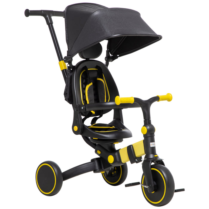 Kids 3-in-1 Aluminum Tricycle - Adjustable Push Handle, Sun Canopy, Reclining Seat - Ideal for Toddlers 18 to 48 Months, Bright Yellow