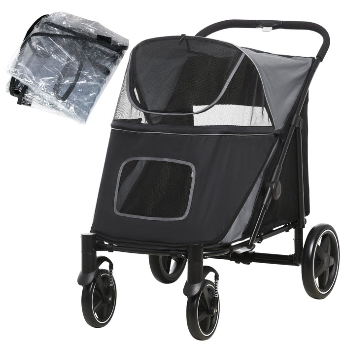 4-Wheel Canine Stroller with Protective Rain Cover - Spacious Mobile Pet Carrier for Medium to Large Dogs - Outdoor Travel Ease for Animal Lovers