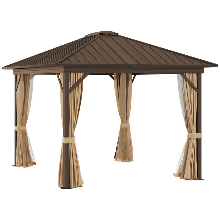 Outdoor Hardtop Gazebo 3.6x3m - Metal Roof Aluminum Frame with Mesh Nettings and Curtains, Brown - Spacious Patio Shelter for Garden Entertaining