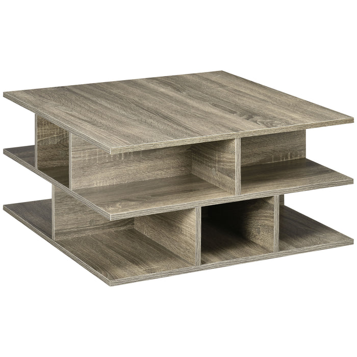 Modern Grey Square Coffee Table - Living Room Cocktail Furniture with Multiple Storage Shelves - Stylish Space-Saving Design for Contemporary Homes