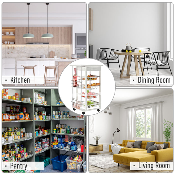 Kitchen Trolley Cart with Storage - Multi-Use Island with 4 Baskets, 2 Side Racks, and Drawer - Smooth-Rolling Wheels, Compact Design for Home Organization and Food Prep