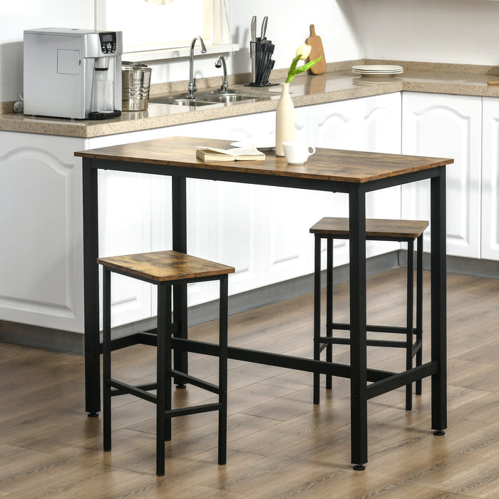 Industrial Bar Table Set - 3-Piece Rustic Brown Breakfast Counter with Matching Stools - Ideal for Kitchen & Living Room Space Saving Dining