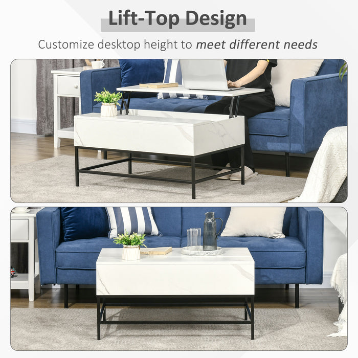 Modern Lifting Coffee Table - Hidden Storage Compartment, Faux Marble Finish - Space-Saving Furniture for Living Room Organization