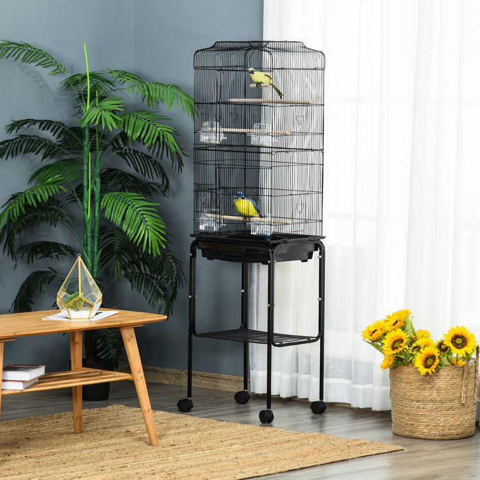 Bird Cage with Stand - Wheeled Finch, Canary, and Parakeet Habitat with Slide-Out Tray - Includes Storage Shelf, Ideal for Bird Lovers and Pet Safety