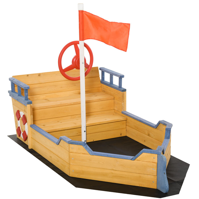 Pirate Ship Wooden Sandpit for Kids - Children's Sandbox with Bench and Bottom Liner for Outdoor Play - Backyard Adventure Play Station for Imaginative Fun