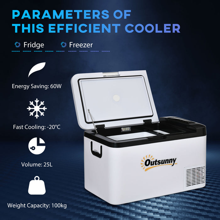 25L Portable Car Refrigerator with LED Light - 12V Compressor Cooler with Foldable Handles for Campervan, RV, and Boat - Ideal for Travel Cooling and Freezing Needs