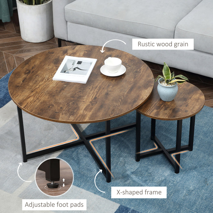 Nesting Round Coffee & Side Table Set of 2 - Rustic Brown with Industrial Metal Frame - Modern Living Room & Bedroom Furniture