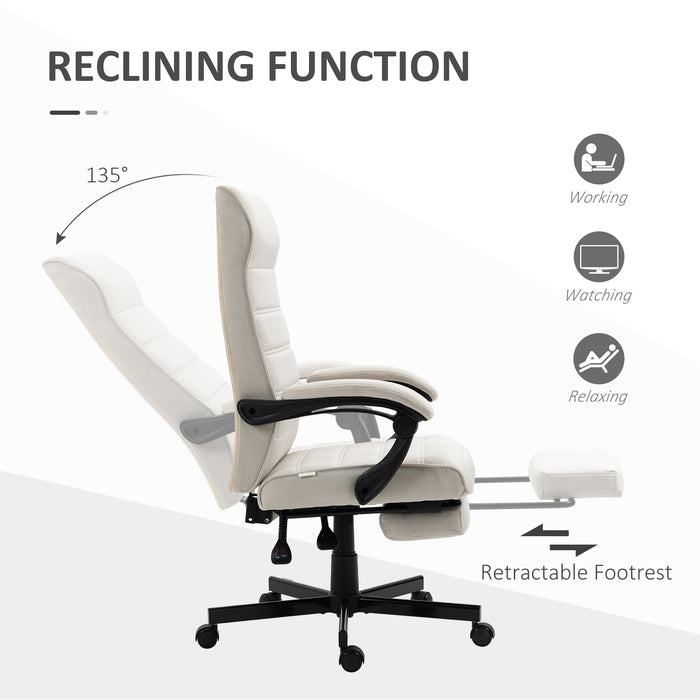 High-Back Linen Executive Chair - Swivel & Reclining Office Furniture with Adjustable Height and Footrest - Comfortable Padded Armrests for Home or Work Spaces in Cream White