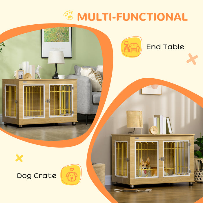 Oak-Tone Double Door Dog Crate End Table with Soft Cushion - Stylish Pet Cage Furniture - Ideal for Home Comfort and Pet Confinement Security