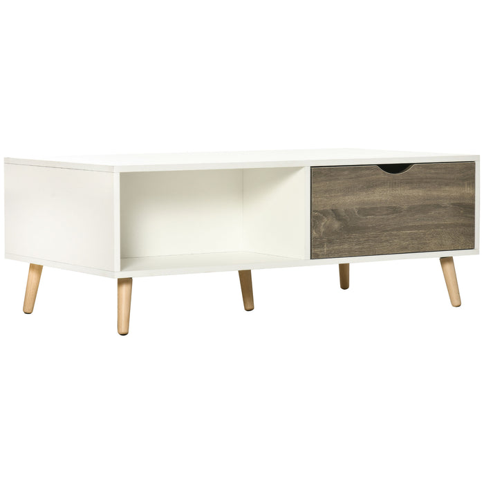 Modern White Coffee Table with Storage -  Open Shelves, Dual Drawers, Solid Wood Legs - Elegant Centerpiece for Living Room or Bedroom