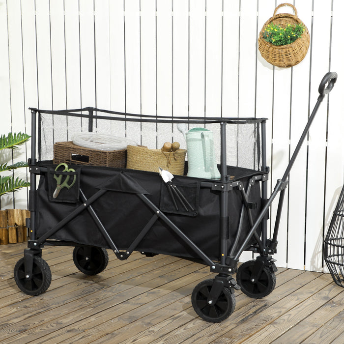 180L Folding Garden Trolley with Extendable Side Walls - Versatile Wagon Cart for Beach, Camping & Festival Use - Sturdy Black Utility Cart for Outdoor Adventures
