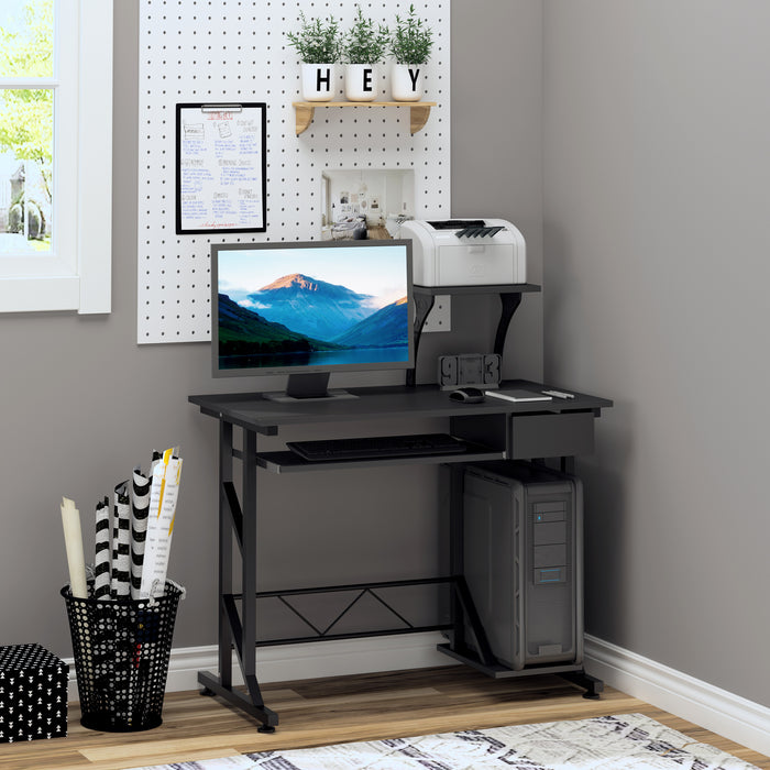 Computer Workstation with Display Stand - Sliding Keyboard Tray and Host Box Shelf - Ideal for Home Office and Gaming, Sleek Black Design