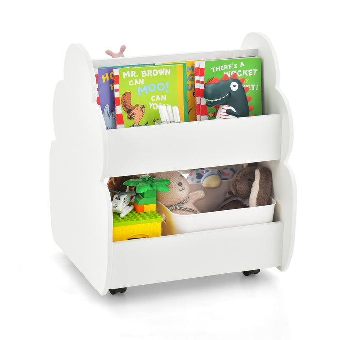 Wooden Kids Bookcase, Model 2-Tier - 4-Wheel White Book Storage Unit - Ideal for Organizing Children's Books and Easy Moving