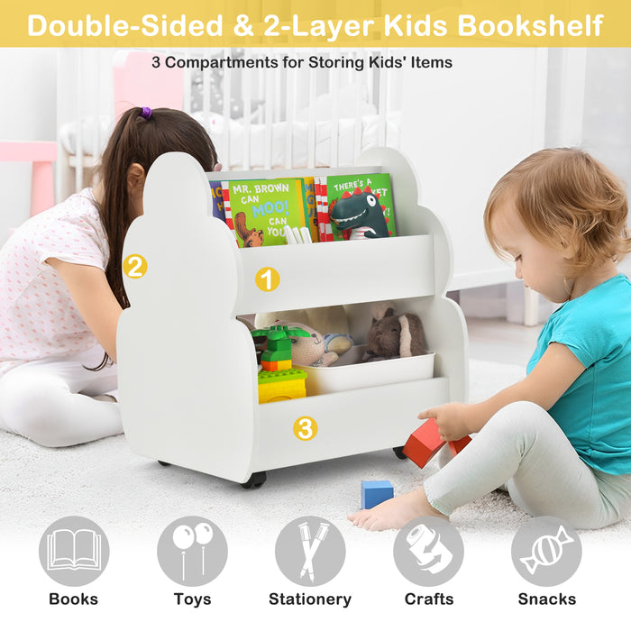 Wooden Kids Bookcase, Model 2-Tier - 4-Wheel White Book Storage Unit - Ideal for Organizing Children's Books and Easy Moving