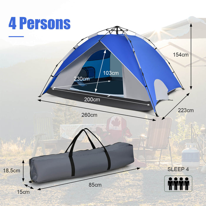 Pop-Up Camping Tent Brand - Blue, Instant Set-Up, 4-Person Accommodation with Carry Bag - Ideal for Outdoor Camping and Family Getaways