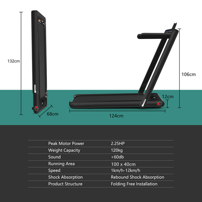 Electric Folding Treadmill 1-12KM/H - Black, Bluetooth Enabled - Ideal for Indoor Fitness and Cardio Workout