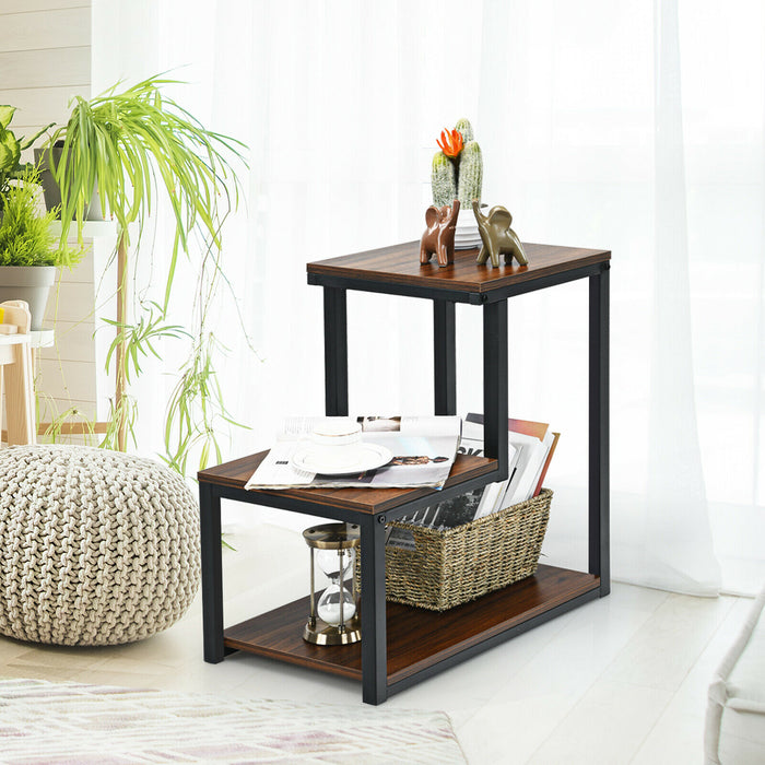 End Table - Industrial Style with 3 Shelves in Brown - Ideal for Home Storage Solution