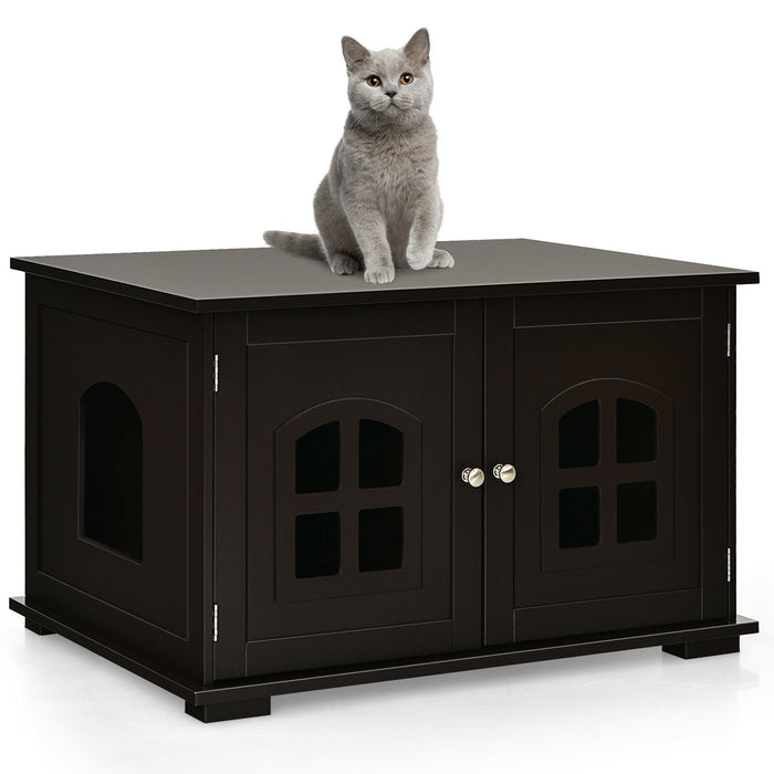 Wooden Double-Door Cat Litter Box House with Windows - Perfect for Providing Privacy for Your Feline Friend