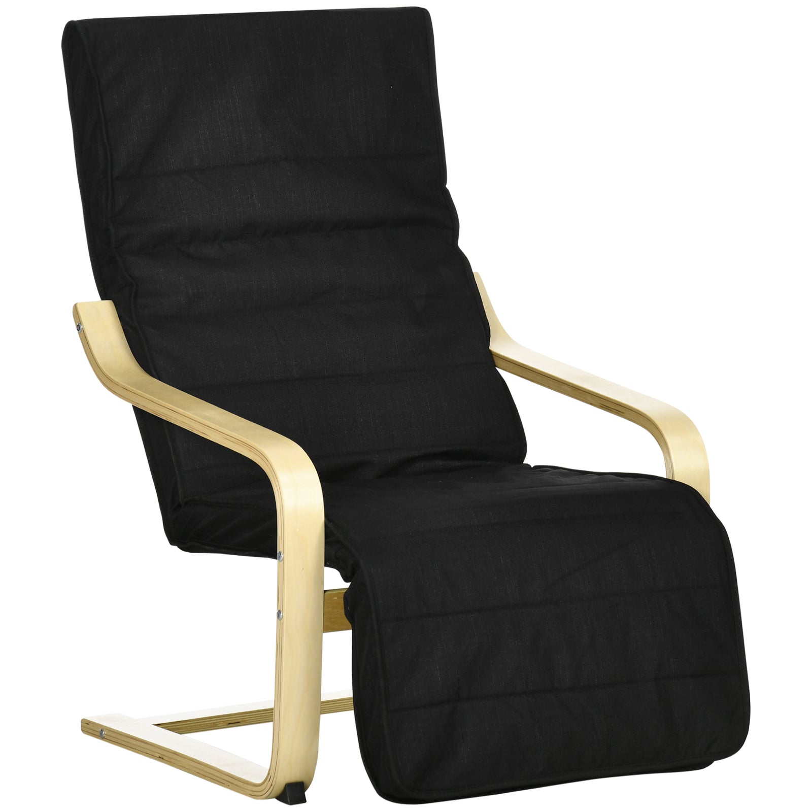 Wooden Lounging Deck Chair - Adjustable Recliner with Footrest and Removable Black Cushion - Comfortable Seating for Patio and Outdoor Relaxation