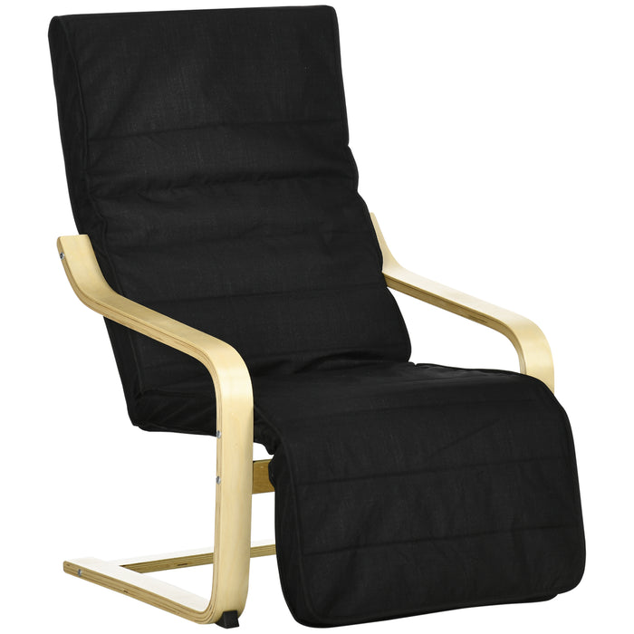 Wooden Lounging Deck Chair - Adjustable Recliner with Footrest and Removable Black Cushion - Comfortable Seating for Patio and Outdoor Relaxation