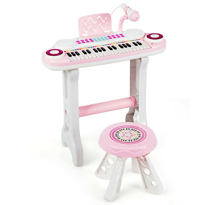 Kid's 37-Key Electronic Keyboard - Toy with Stool and Microphone in Blue - Ideal for Developing Musical Skills and Playtime Fun