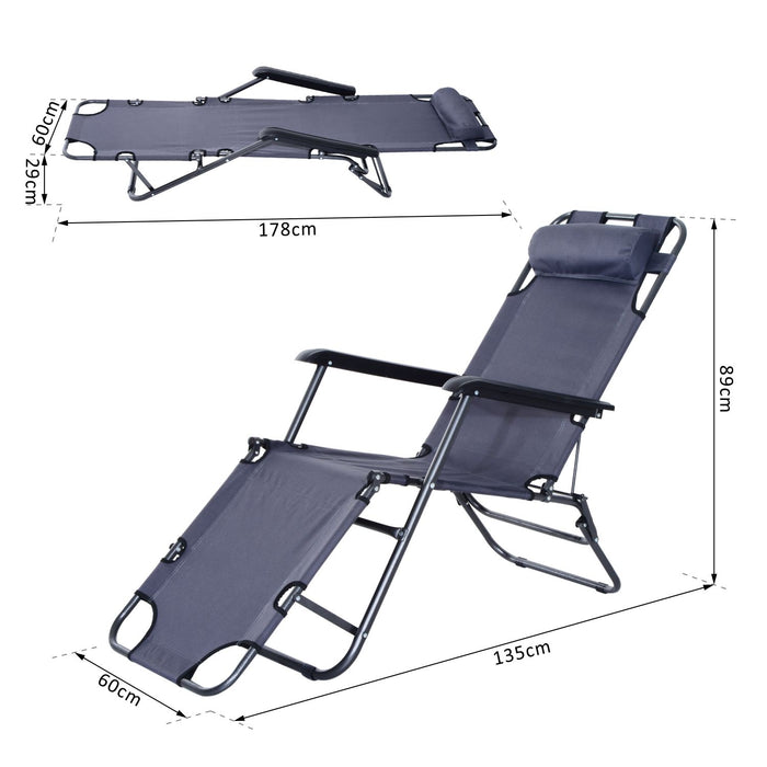 2-in-1 Sun Lounger with Adjustable Reclining Back - Folding Chair for Garden and Outdoor Camping, Grey, with Pillow - Comfortable Seating for Relaxation and Sunbathing