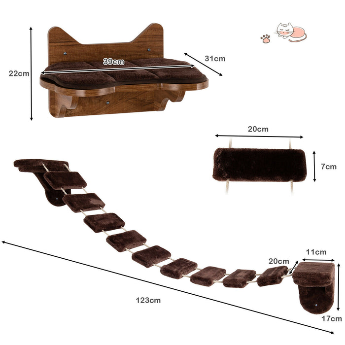 Cat Play Furniture - Wall-Mounted Wooden Ladder Shelf & Kitten Bridge Walkway - For Enhancing Cat Climbing Activities