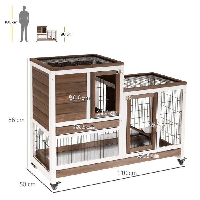 Spacious Wooden Rabbit Hutch with Wheels - Indoor Guinea Pig & Bunny Cage with Enclosed Run - Ideal Home for Small Pets, 110x50x86cm, Brown