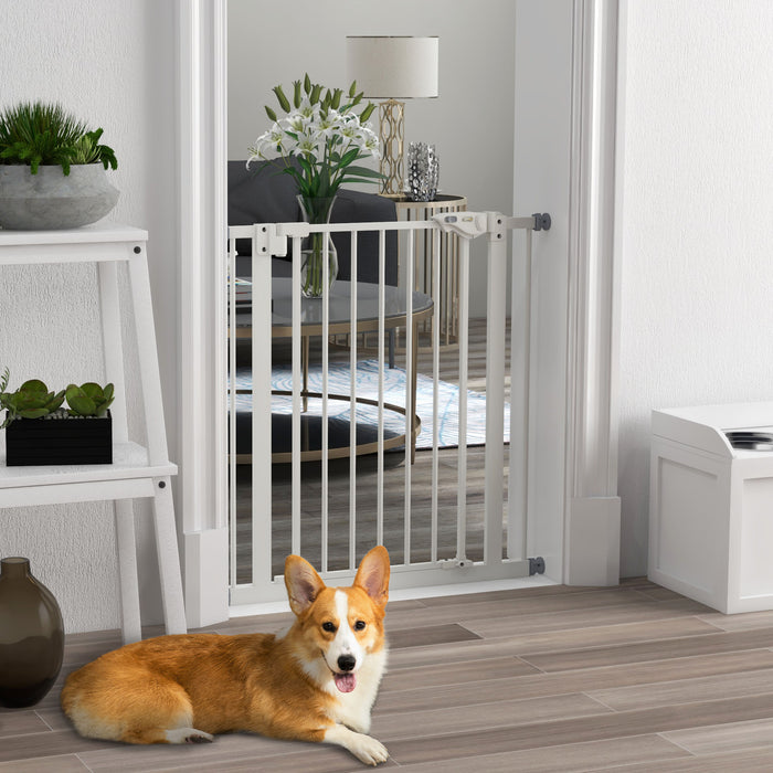 Adjustable White Metal Dog Gate - 74-80cm Width Safety Barrier - Ideal for Pet Confinement in Doorways
