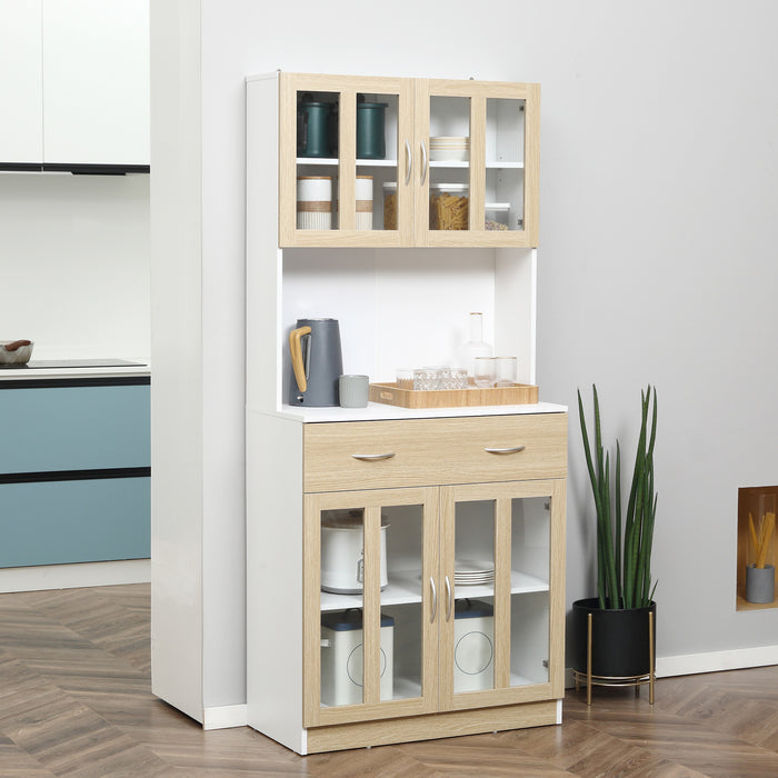 Kitchen Storage Organizer Hutch - Freestanding Cabinet with Central Drawer, Glass Doors & Countertop - Space-Saving Solution for Modern Kitchens, 180cm Tall