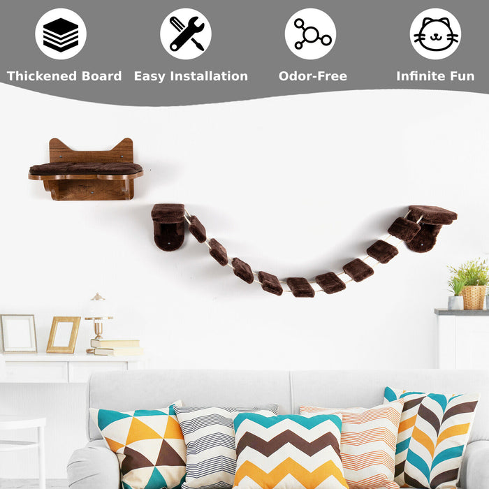 Cat Play Furniture - Wall-Mounted Wooden Ladder Shelf & Kitten Bridge Walkway - For Enhancing Cat Climbing Activities