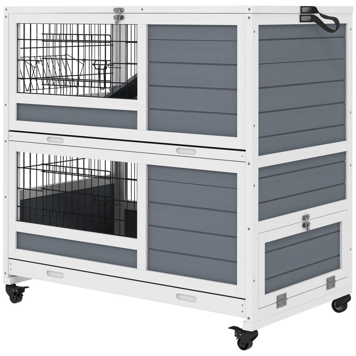 Double Deckers Guinea Pig & Rabbit Hutch - Indoor Cage with Feeding Trough, Trays, and Ramps - Easy Access Openable Top for Small Pet Comfort