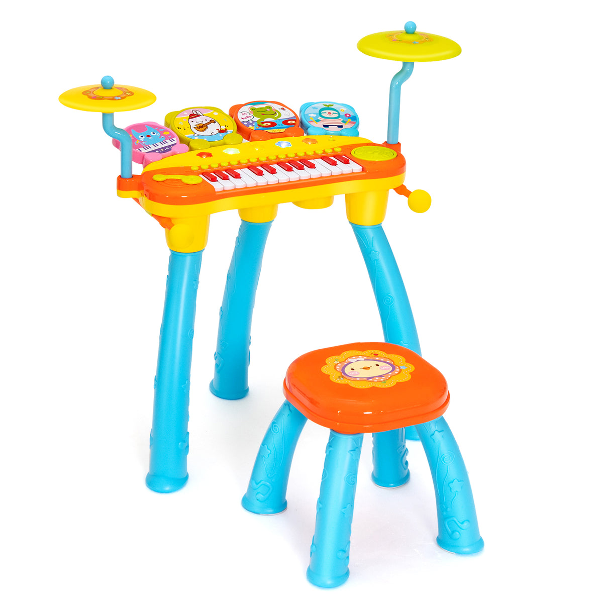 Kids' 24-Key Piano Keyboard Drum Set with Stool and Microphone - Beginner Musical Instrument Set in Blue - Perfect for Enhancing Creativity and Musical Skills in Children