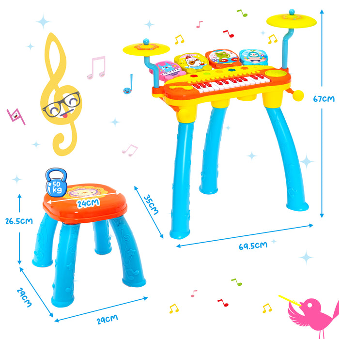 Kids' 24-Key Piano Keyboard Drum Set with Stool and Microphone - Beginner Musical Instrument Set in Blue - Perfect for Enhancing Creativity and Musical Skills in Children