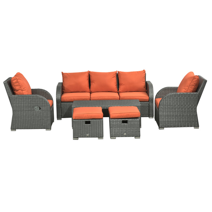 6-Piece Rattan Wicker Patio Ensemble - 3-Seat Sofa, Single Chairs, Footstools & Coffee Table Combo - Perfect for Garden, Deck, and Poolside Lounging