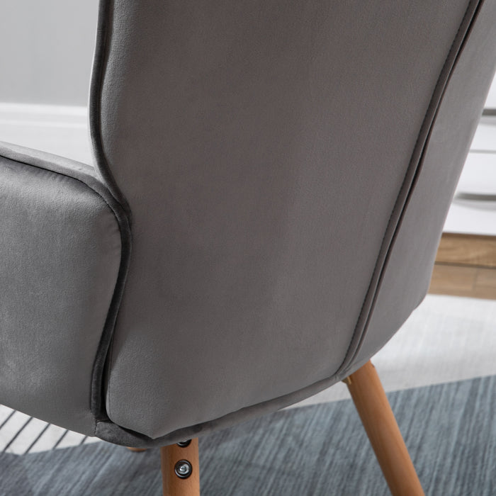 Velvet-Touch Tufted Wingback Armchair - Upholstered, Modern Leisure Lounge Club Sofa with Wooden Legs in Grey - Elegant Furniture for Stylish Comfort & Relaxation