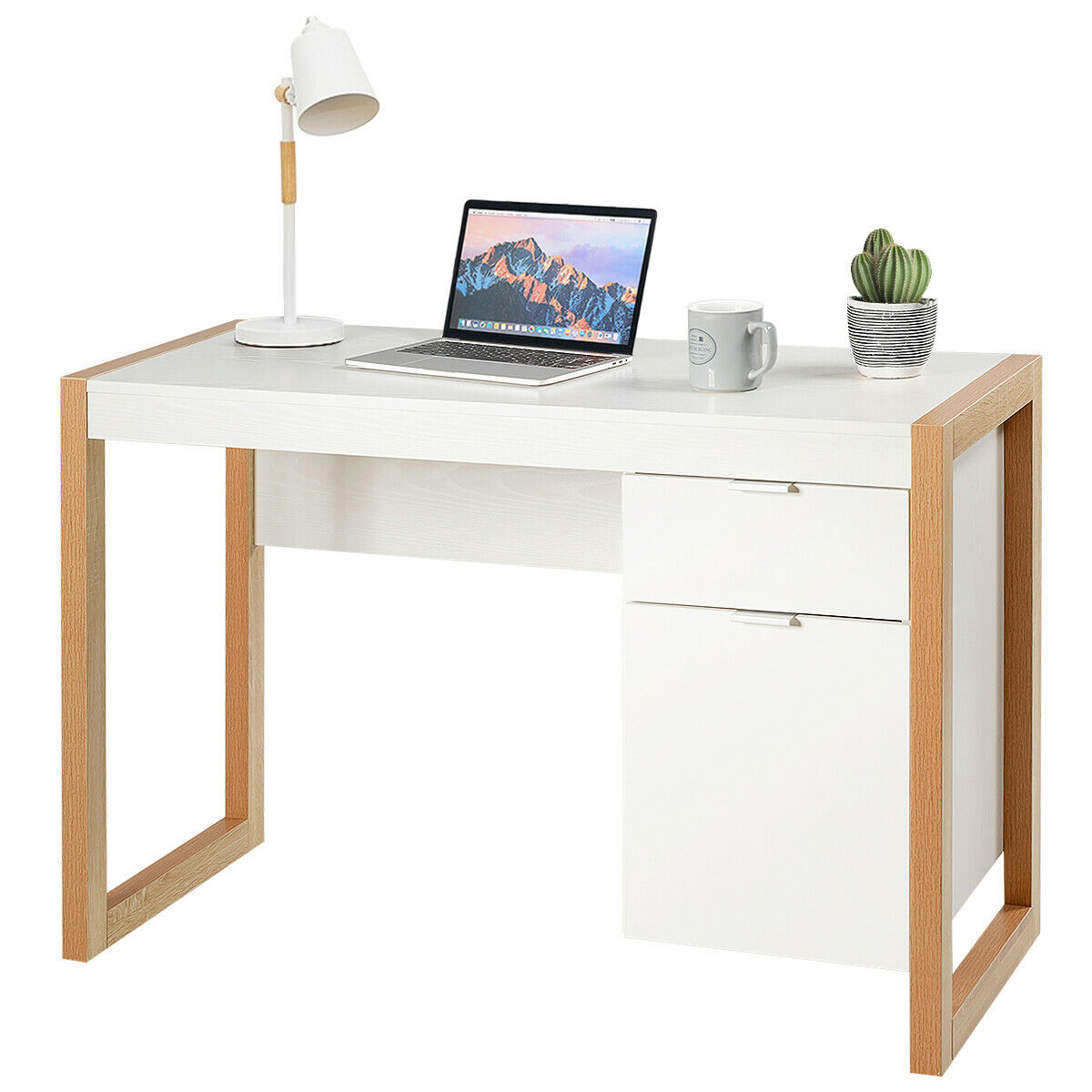 Woodcraft - Elegant Wooden Computer Desk with Practical Drawer and Cabinet - Ideal for Home Office Use