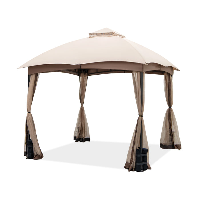 296x296 CM Double-Vent Patio Gazebo - With Integrated Privacy Netting and Sandbag Stability - Ideal for Outdoor Garden Shelter in Khaki Color