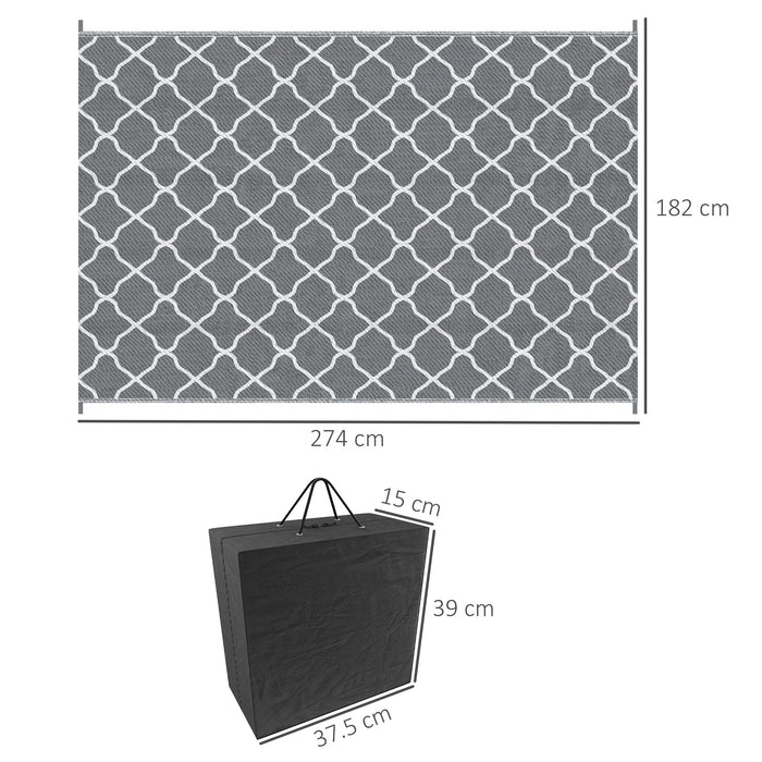Reversible Outdoor Rug with Accessories - Waterproof Plastic Straw Mat, Carry Bag & Ground Stakes for Backyard, Deck, RV, Picnic, Camping - Ideal for Outdoor Activities & Travel in Grey & White