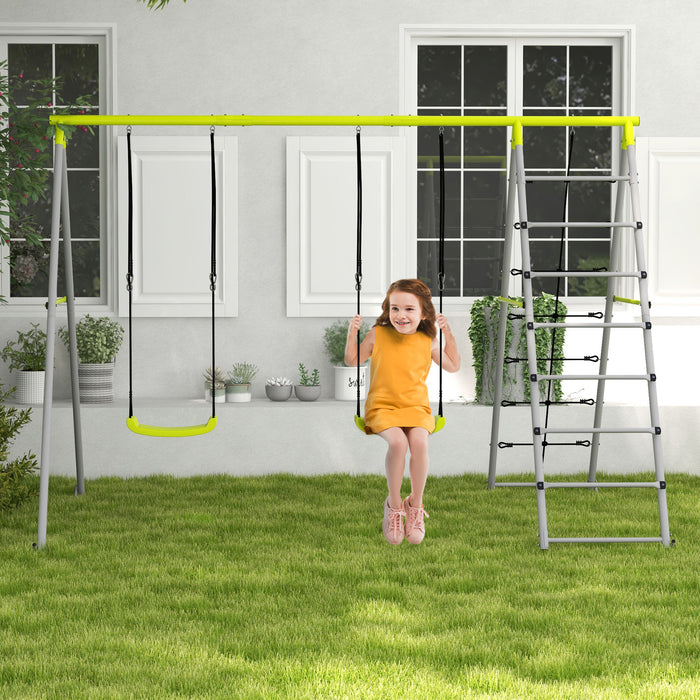 4-in-1 Metal Garden Swing Set - Double Swings, Climber, Climbing Net in Green - Outdoor Play Equipment for Children