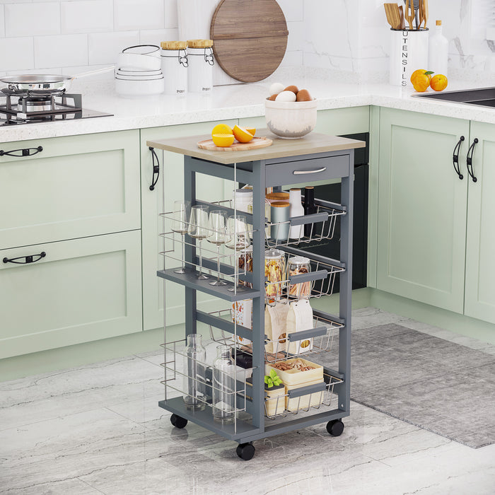 Kitchen Island Trolley with Storage - Multi-Use Cart with 4 Baskets, 2 Side Racks & Smooth-Rolling Wheels - Space-Saving Organizer for Homes & Apartments, Dark Grey