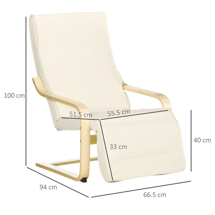 Wooden Lounging Chair with Adjustable Footrest - Cream White Relaxing Recliner with Removable Cushion - Ideal for Deck Lounging and Outdoor Comfort