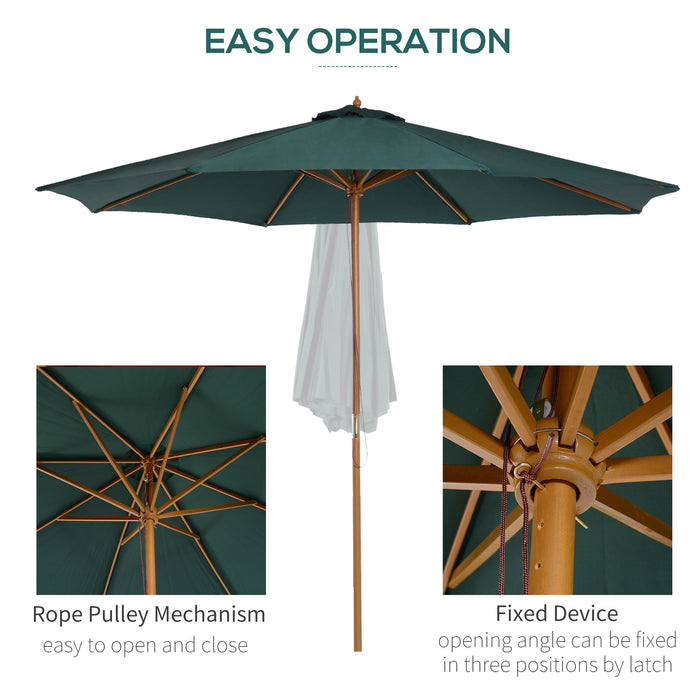 Wooden Patio Umbrella 3m - Pulley-Operated Garden Parasol with 8 Ribs in Dark Green - Ideal for Outdoor Shade and Relaxation