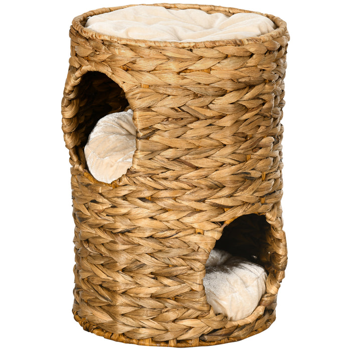 Cat Barrel Tree with Double Cat Houses - 47cm Indoor Kitten Tower with Cushion - Perfect for Play and Rest, Light Brown