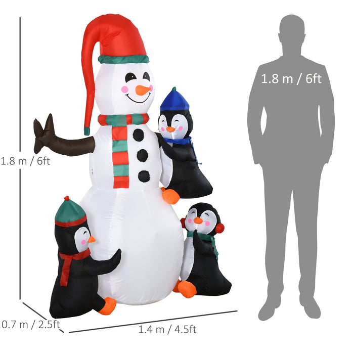 Inflatable Snowman with Penguins Display - LED-Illuminated Christmas Lawn Decor - Ideal for Festive Outdoor Holiday Ambiance