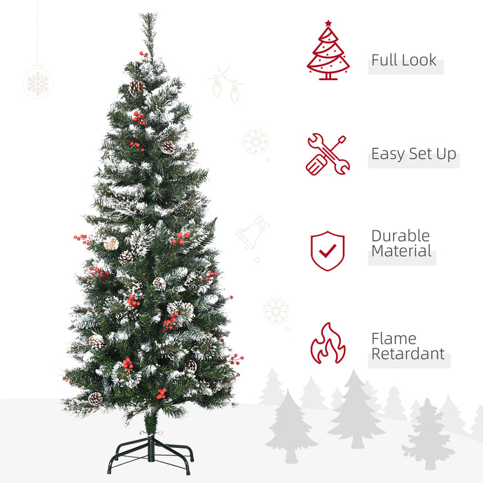 Slim Snow-Dusted 5-Foot Artificial Christmas Tree - 402 Lifelike Branches with Pine Cones and Red Berries, Auto-Expand Feature - Ideal for Festive Home Decoration and Tight Spaces