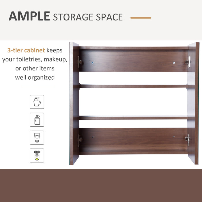 Wall Mounted Glass Mirror Cabinet in Light Walnut - Bathroom Storage Solution with Shelves, 63cm W x 60cm H x 13.5cm D - Ideal for Organizing Toiletries and Cosmetics