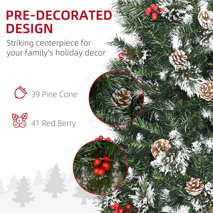 Slim Pencil Artificial Christmas Tree with Snow-Dipped Tips - 7ft Height, 738 Lifelike Branches, Pine Cones & Red Berries, Easy Auto-Open Feature - Perfect for Festive Home Decoration